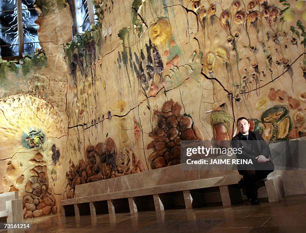 Palma de Mallorca, SPAIN: Spanish artist Miquel Barcelo looks at his artwork covering the walls of the chapel of Santisimo in Palma de Mallorca's...