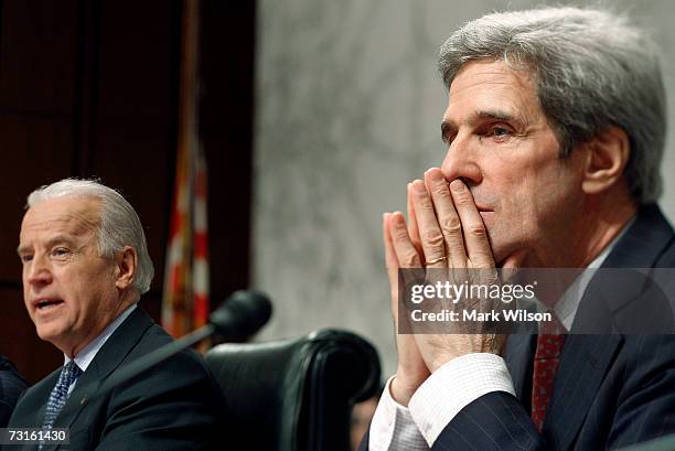 Sen. John Kerry listens as U.S. Sen. Joe Biden speaks during a Senate Foreign Relations Committee hearing January 31, 2007 on Capitol Hill in...