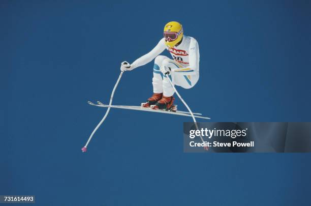 Markus Wasmeier of Germany skiing airborne during the Men's downhill event at the FIS Alpine World Ski Championships on 31 January 1987 in Crans...
