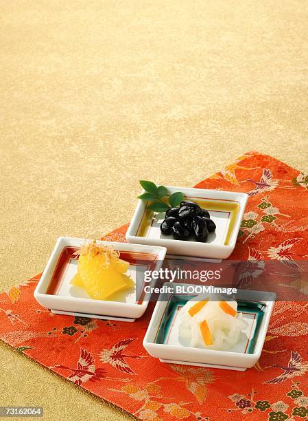 herring roe,simmered black beans, japanese pickles - osechi ryori stock-fotos und bilder