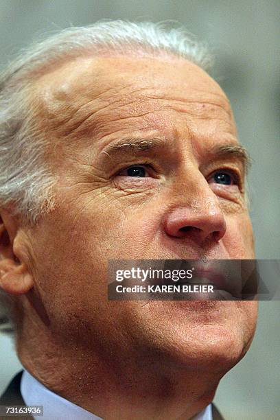 Washington, UNITED STATES: US Senate Foreign Relations Committee Chairman Sen. Joseph Biden , listens to testimony given by former US Secretary of...