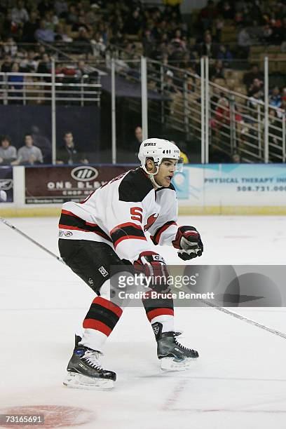 Mark Fraser of the Lowell Devils skates against the Worcester Sharks on January 19, 2007 at the DCU Center in Worcester, Massachussets. The Devils...