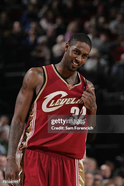 Larry Hughes of the Cleveland Cavaliers looks on during a game against the Portland Trail Blazers at the Rose Garden on January 17, 2007 in Portland,...