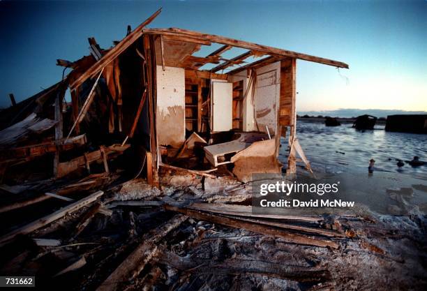 House trailer crumbles in salty decay as the waters of the Saltion Sea rise at Bombay Beach July 28, 2000. The state's largest and saltiest lake,...
