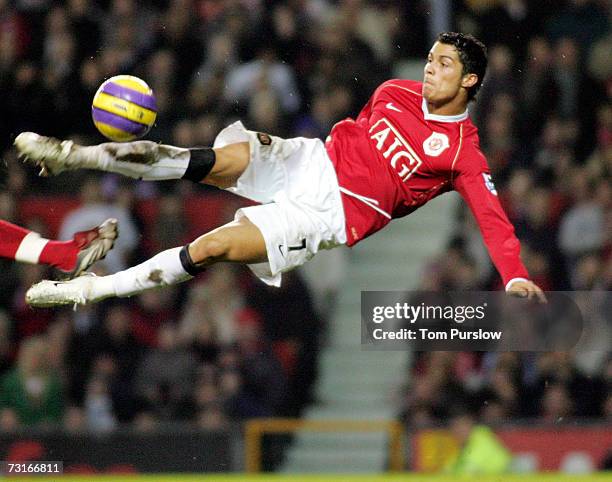 Cristiano Ronaldo of Manchester United tries a shot during the Barclays Premiership match between Manchester United and Watford at Old Trafford on...