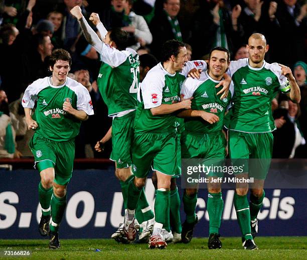 David Murphy of Hibernian is congratulated by teammates after scoring during the CIS Insurance Cup semi final against St Johnstone at Tynecastle Park...
