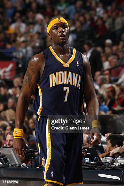 Jermaine O'Neal of the Indiana Pacers looks on during a game against the Dallas Mavericks at the American Airlines Center on January 4, 2007 in...