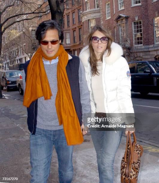 Actress Elizabeth Hurley and fiancee Arun Nayar walk to lunch at Bilboquet restaurant, on January 31, 2007 in New York City.