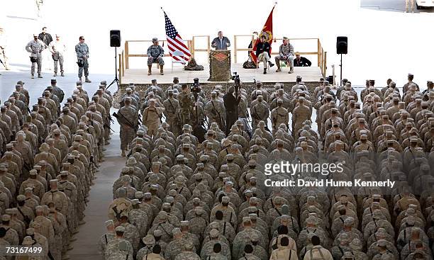 Secretary of Defense Donald Rumsfeld holds a town hall meeting at Al Asad Air Base, Iraq. December 9, 2006. Rumsfeld paid a surprise visit to Iraq to...