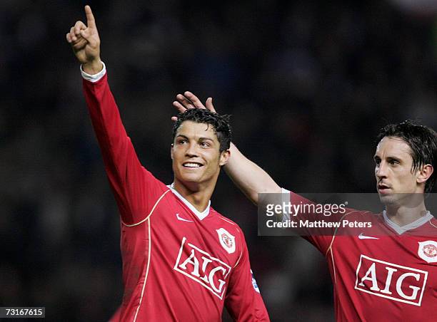 Cristiano Ronaldo of Manchester United celebrates after Wayne Rooney had scored United's fourth goal during the Barclays Premiership match between...