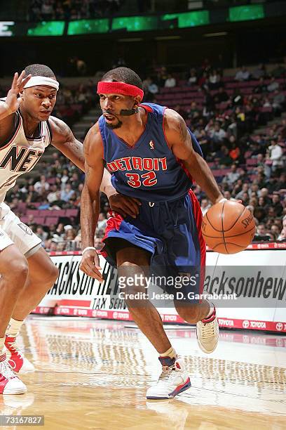 Richard Hamilton of the Detroit Pistons drives against the New Jersey Nets on January 31, 2007 at the Continental Airlines Arena in East Rutherford,...
