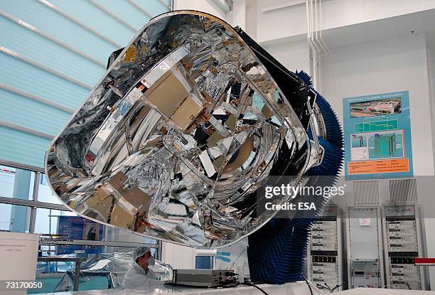 In this handout image supplied by the European Space Agency , The inside of the Planck satellite, for the study of 'dark matter' and relic radiation...