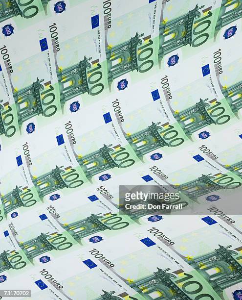 sheet of printed euros - one hundred euro note stock pictures, royalty-free photos & images