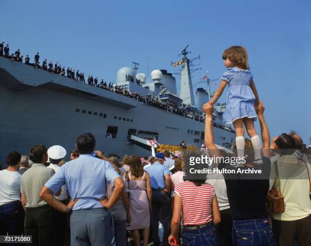 The HMS Invincible returns to Portsmouth, carrying British troops home from the Falklands War, 17th September 1982.