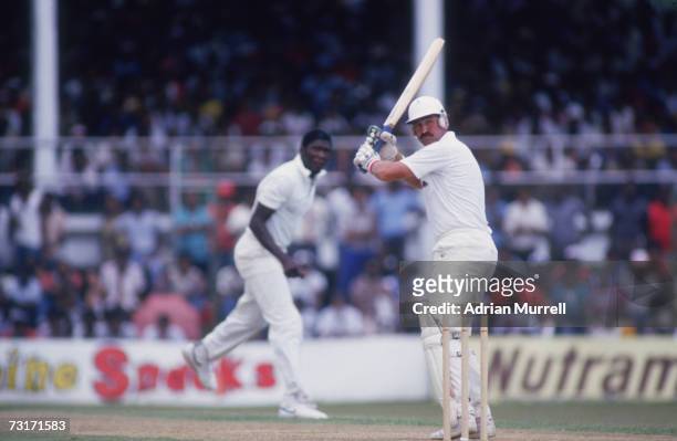 British cricketer Graham Gooch batting in a one day match at Trinidad during England's tour of the West Indies, 1986.