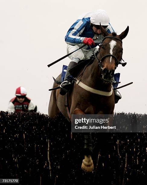 Rodi Green and Wizard Of Edge clear the second last fence to land The CPM Group Handicap Steeple Chase Race run at Wincanton Racecourse on February 1...