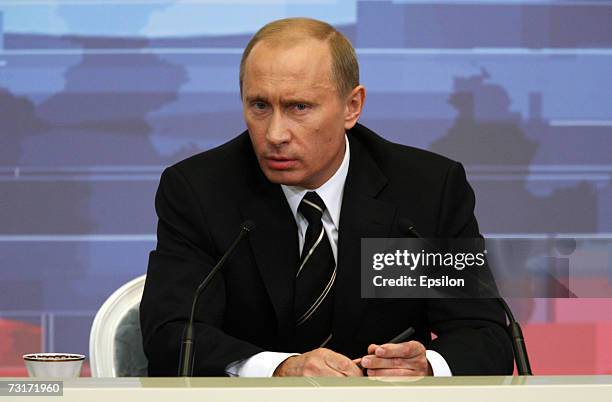 Russian President Vladimir Putin's makes his annual address to Russian and foreign media in the Kremlin, February 1, 2007 in Moscow, Russia. Putin...