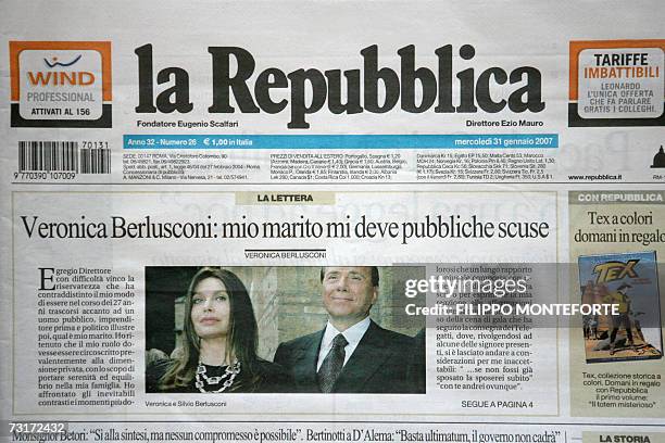 Picture of the front page of Italian newspaper "La Republica" with Veronica Lario's letter, 31 January 2007. The wife of former Italian prime...