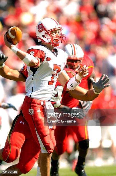 Daniel Evans of the North Carolina State Wolfpack throws a pass against the Maryland Terrapins October 21, 2006 at Byrd Stadium in College Park,...