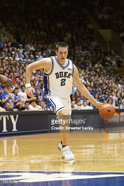 Josh McRoberts of the Duke Blue Devils drives to the basket during the game against the Clemson Tigers at Cameron Indoor Stadium January 25, 2007 in...
