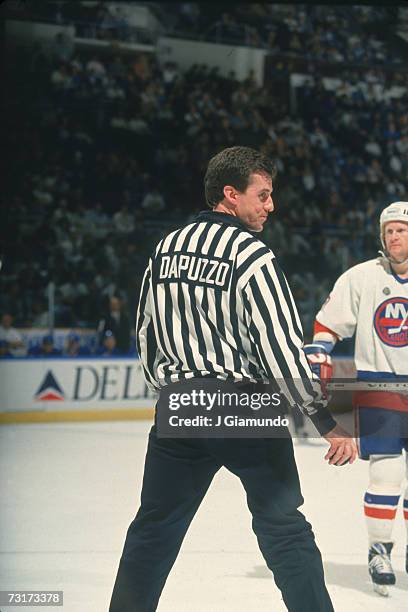 American ice hockey linesman Pat Dapuzzo during a game involving the New York Islanders, September 1993.