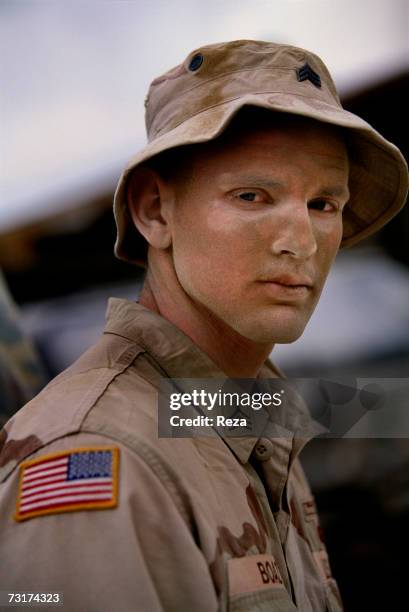 Portrait of an American GI in the Pashtun tribal zone of Waziristan on July, 2004 in Afghanistan.