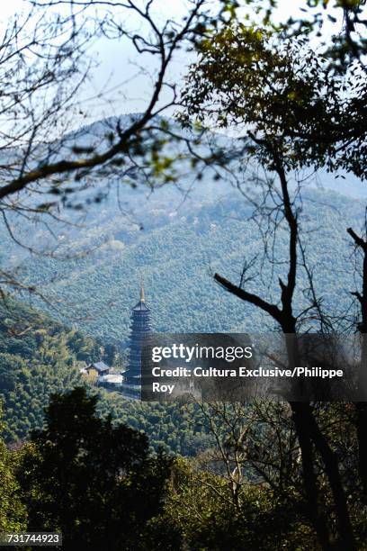 view of xishan temple in mountain forests, ningbo, zhejiang, china - cultura china stock-fotos und bilder