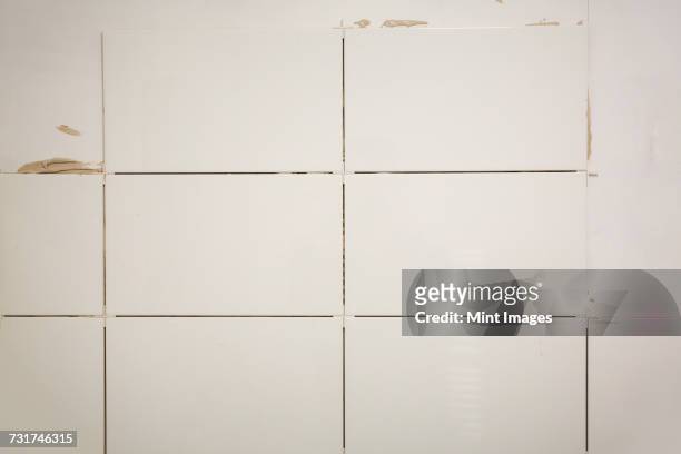 close up of a freshly tiled wall with white ceramic tiles. - mörtel stock-fotos und bilder