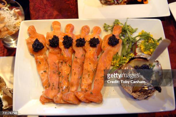 Smoked salmon Oscars are seen on display at the Govenor's Ball Press Preview held at the Hollywood and Highland Grand Ballroom February 1 in Los...