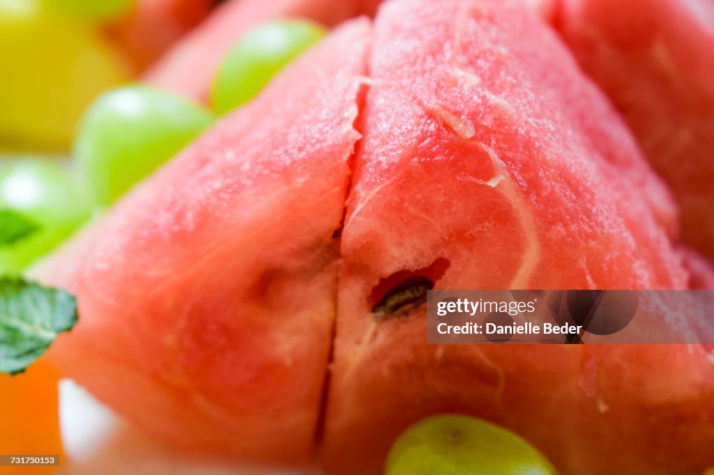 Close up of watermelon and other fruit on platter, South Africa