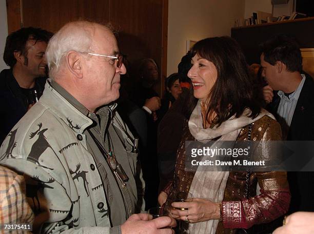 Ralph Steadman and Anjelica Huston attend the private view of "Hunter S Thompson: Gonzo" at the Michael Hoppen Gallery February 1, 2007 in London,...
