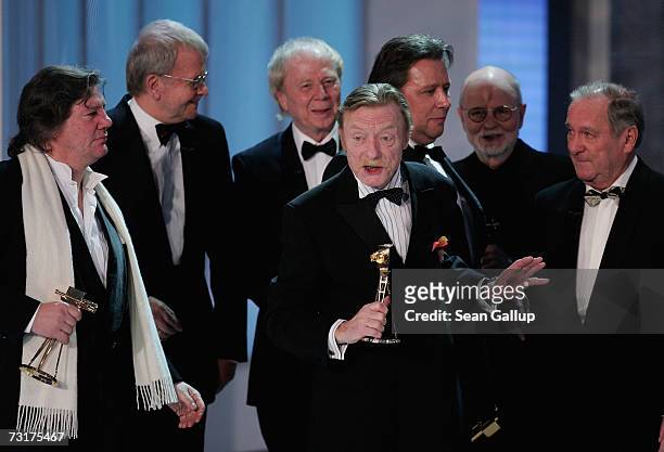 Apparently drunk actor Otto Sander and other members of the production team from the film "Das Boot" celebrate their Film Anniversary Award at the...
