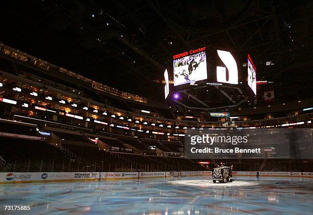 Zamboni sits on the ice prior to the game between the Los Angeles Kings and the Chicago Blackhawks the ice crew resurfaces the ice at the Staples...