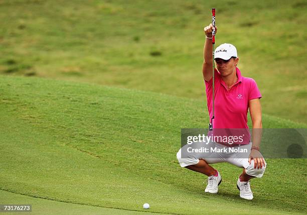 Anja Monke of Germany lines up a putt during day two of the 2007 MFS Womens Australian Open at The Royal Sydney Golf Club February 2, 2007 in Sydney,...