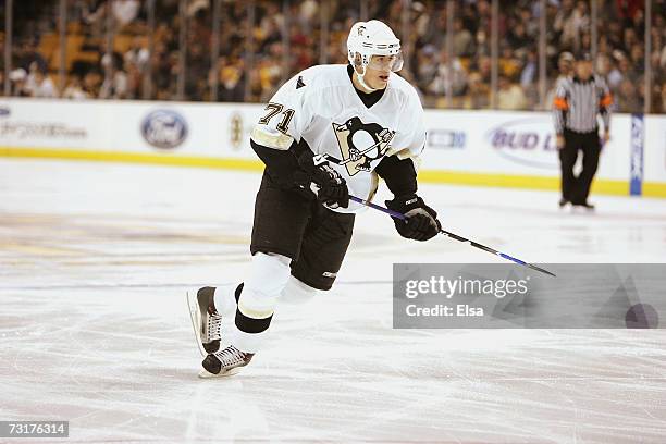 Evgeni Malkin of the Pittsburgh Penguins skates against the Boston Bruins on January 18, 2007 at TD Banknorth Garden in Boston, Massachusetts. The...