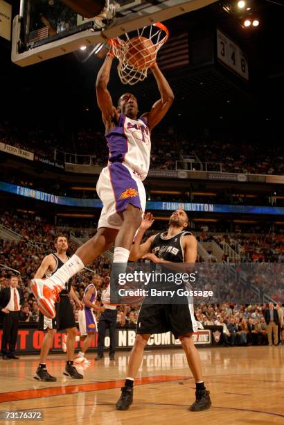 Amare Stoudemire of the Phoenix Suns dunks against the San Antonio Spurs in an NBA game played on February 1 at U.S. Airways Center in Phoenix,...