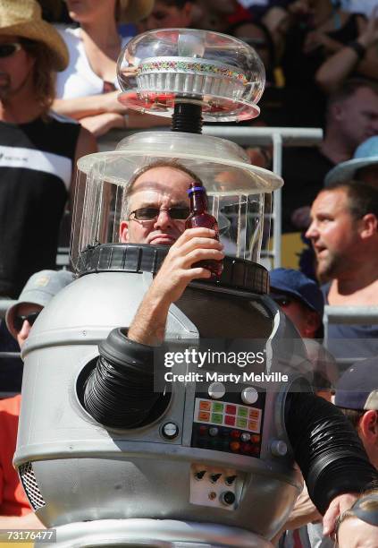 Fan wearing fancy dress poses during the IRB New Zealand Sevens at the Westpac Stadium February 02, 2007 in Wellington, New Zealand.