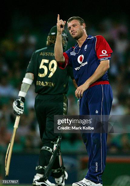 Andrew Flintoff of England celebrates dismissing Cameron White of Australia during game ten of the Commonwealth Bank One Day International Series...