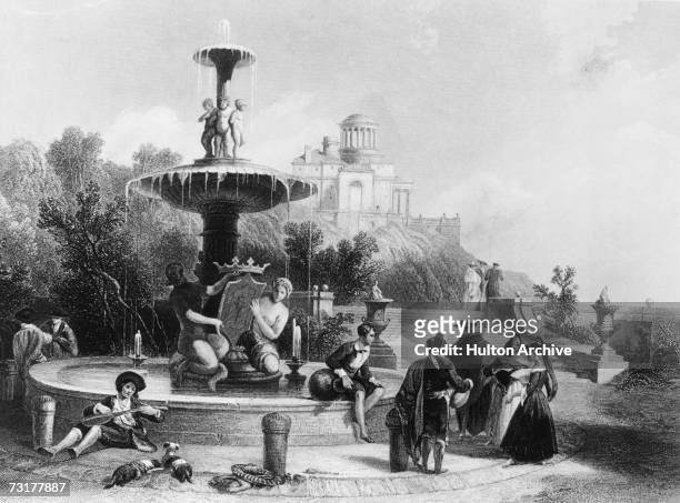 The Fuente de Alcachofa or Artichoke Fountain in Madrid, circa 1835. Initially located in the Puerta de Atocha, it was moved to Retiro Park in 1880....