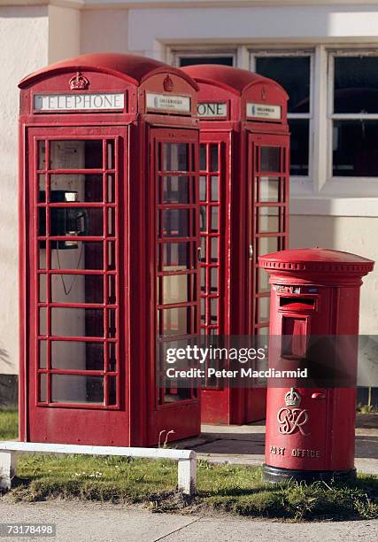 Telephone kiosks and a post box stand in front of the main post office on February 2, 2007 in Stanley, Falkland Islands. The United Kingdom will...