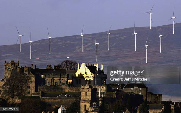 Wind Turbines dominate the hillside behind Stirling Castle February 2, 2007 in Stirling, Scotland.. Reports by The Intergovernmental Panel on Climate...