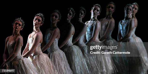 Dancers from The Royal Ballet perform during a dress rehearsal for Swan Lake at the Royal Opera House, Covent Garden on February 2, 2007 in London,...