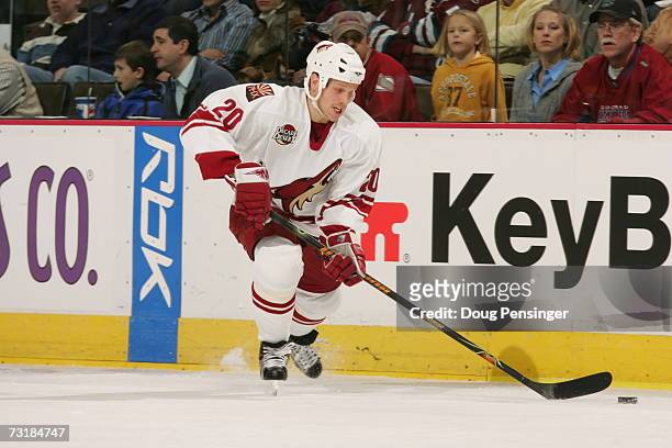 Fredrik Sjostrom of the Phoenix Coyotes skates with the puck against the Colorado Avalanche on January 17, 2007 at the Pepsi Center in Denver,...