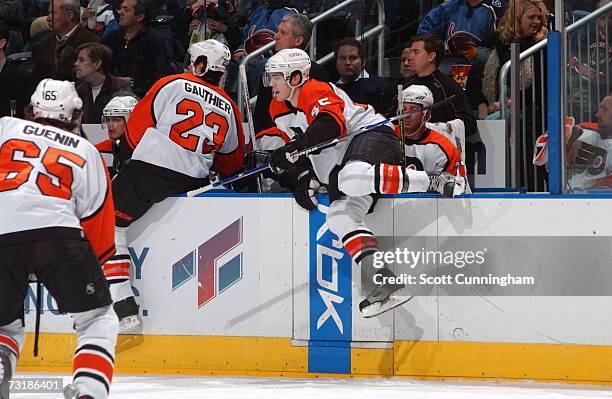 Alexandre Picard of the Philadelphia Flyers jumps over the boards onto the ice against the Atlanta Thrashers on January 28, 2007 at Philips Arena in...