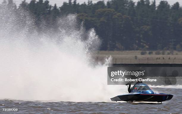 Greg Holland drives Beer n Boats during practice for the Unlimited Displacement Powerboat Racing World Cup between Australia and the United States...
