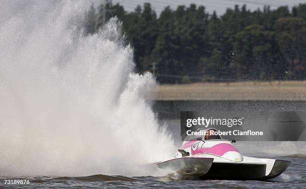 Competitor in action during practice for the Unlimited Displacement Powerboat Racing World Cup between Australia and the United States and New...