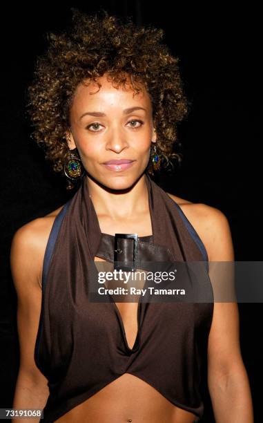 Actor Stacie J attends the Baby Phat By Kimora Lee fashion show at the Roseland Ballroom during Mercedes-Benz Fashion Week February 02, 2007 in New...