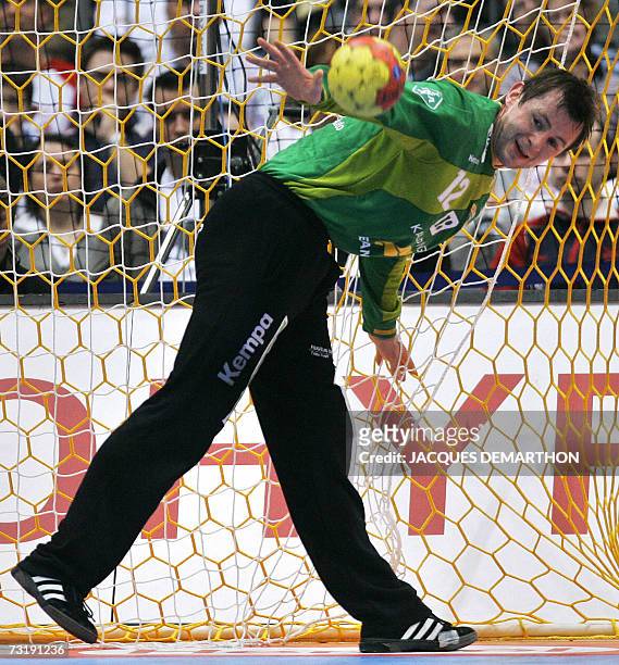 Iceland's goalkeeper Birkir Gudmundsson catches the ball during the Spain vs Iceland match for 7th place of the 2007 Handball World Championship at...