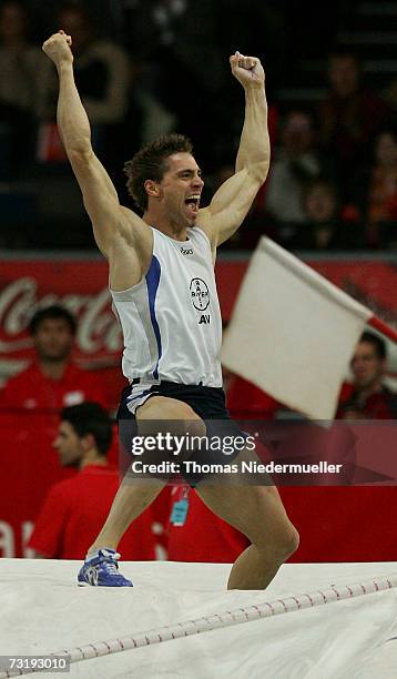 Bjoern Otto of Germany celebrates his victory after the pole vault competition during the Sparkassen Cup 2007 at the Hanns-Martin Schleyer Hall on...