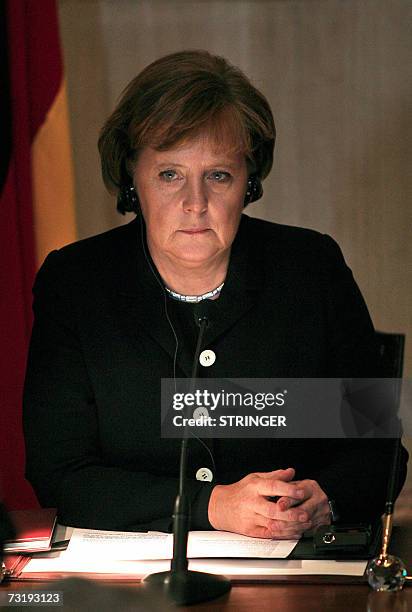 German Chancellor Angela Merkel and Egyptian President Hosni Mubarak give a press conference after their meeting in Cairo, 03 February 2007. Merkel...